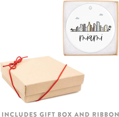 Andaz Press Round Ceramic Porcelain Christmas Tree Keepsake Gift, Colorful City Skyline Miami Ornament, 1-Pack, Birthday Ideas Family Coworker, Includes Box