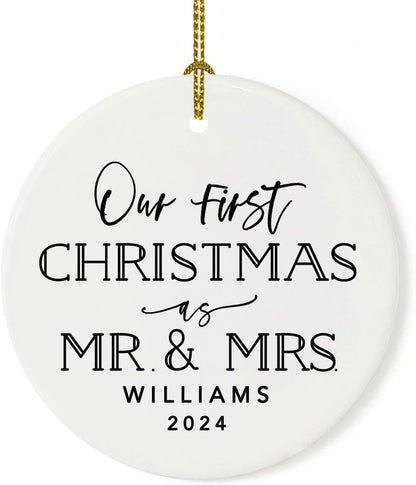 Andaz Press Personalized Our First Christmas As Mr. & Mrs. 2024 Christmas Ornaments Modern Black and White 2.8" Round Porcelain Ceramic 1st Year Married Custom Ornament Keepsake for Newlyweds 1-Pack