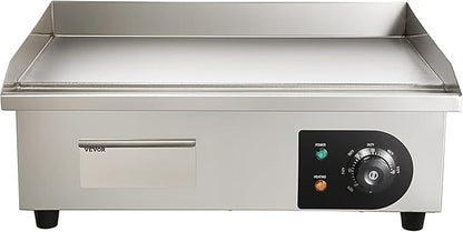 VEVOR Commercial Electric Griddle, 22", 1600W Countertop Flat Top Griddle, Stainless Steel Teppanyaki Grill w/Iron Cooking Plate, 122-572℉ Adjustable Temp Control 2 Shovels & Brushes, 110V