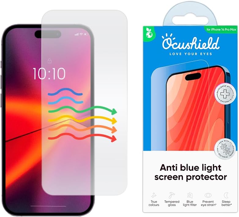 Ocushield Anti Blue Light Tempered Glass Screen Protector for iPhone 14 Pro Max 6.7" - Protect Your Eyes Reduce Migraines & Improve Sleep