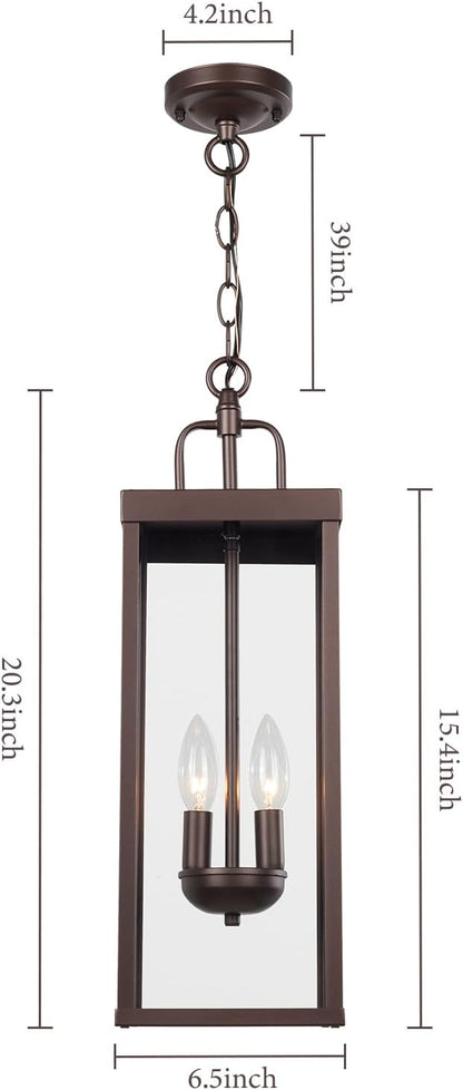 Large Outdoor Pendant Lantern Light Fixture for Front Porch, 20 Inch 2-Light Bronze Exterior Hanging Chandelier with Clear Glass, Outdoor Indoor Pendant Lamp for Patio, Gazebo, RZ008M-H ORB
