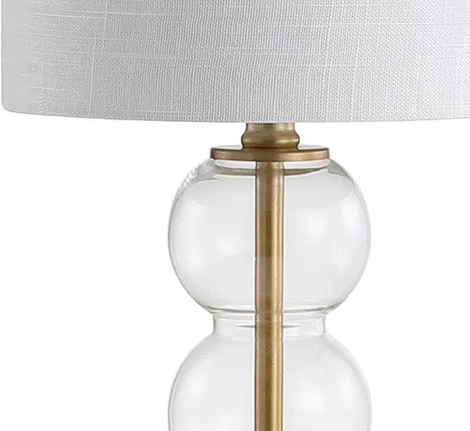 JONATHAN Y 21" Clear/Brass Gold Glass Table Lamp for Bedroom and Living Room, White Linen Shade, Modern Stacked Sphere Bedside Lamp, LED Bulb Included (JYL1021B)