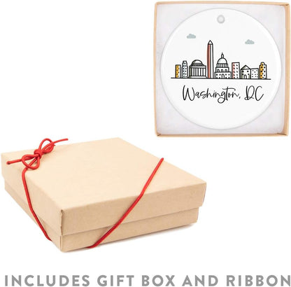Andaz Press Round Ceramic Porcelain Christmas Tree Ornament Keepsake Gift, Washington, Dc, Colorful City Skyline Graphic, 1-Pack, Birthday Family Coworker Includes Gift Box Washington Dc Ornament 2024