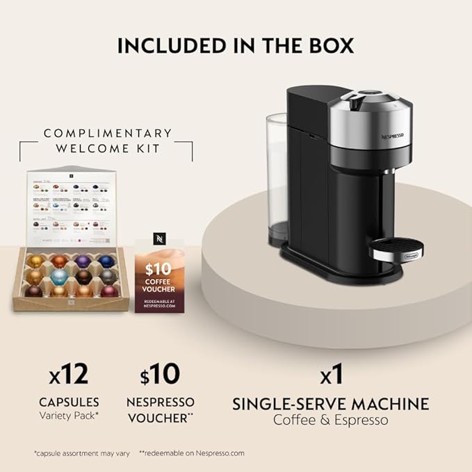 Nespresso Vertuo Next Deluxe Coffee and Espresso Machine by De'Longhi, Chrome