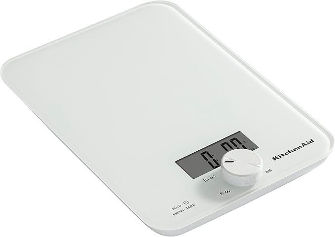 KitchenAid KQ914WH Glass Surface 11 Pound Capacity Digital Kitchen and Food Scale, Scale for Food Ounces and Grams, Dry and Liquid Ingredients, White