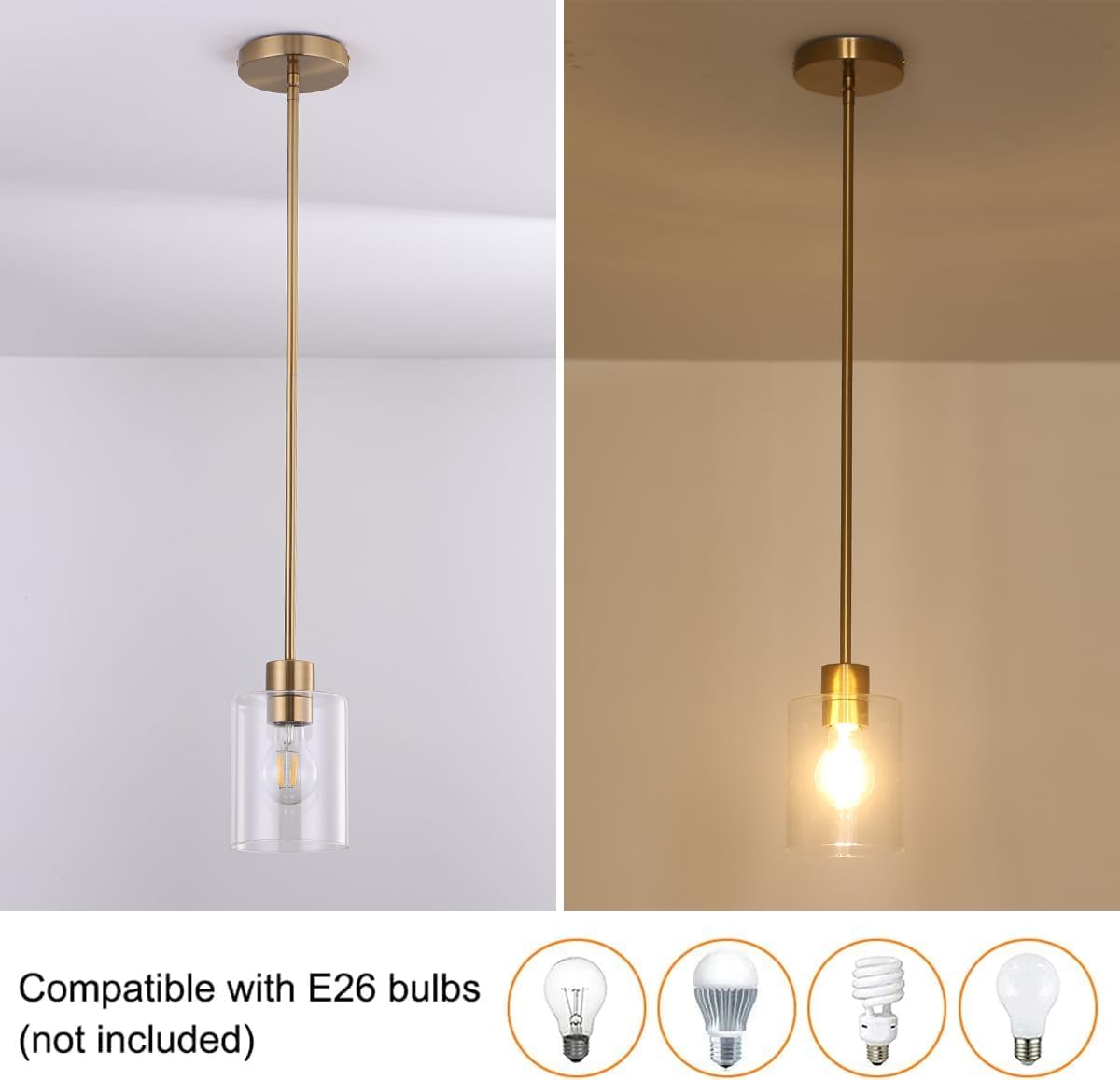 Brass Pendant Lights Kitchen Island - Gold Clear Glass Pendant Light Fixture Multiple Stems Rods 3 Units 12 Inch 3 Units 4 Inch (3 Pack Brass)