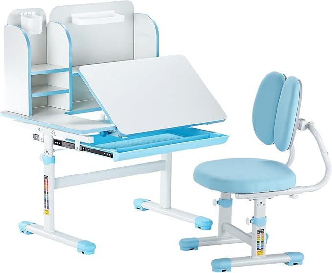 VEVOR Kids Study Chair and Desk Set, Study Desk and Chair for Kids with Bookshelf & Storage Drawer, Adjustable Height & 0-40 Tilted Desktop, Blue