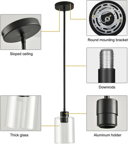 Black Pendant Lights Kitchen Island - Clear Glass Pendant Light Fixture Multiple Stems Rods 3 Units 12 Inch 3 Units 4 Inch (Black 3 Pack Stem Rod)