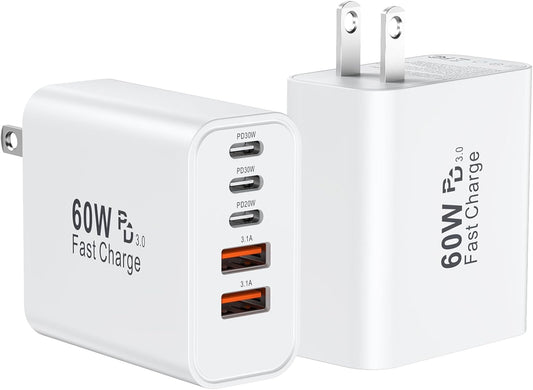 USB C Fast Wall Charger Block, 2Pack 60W USBC Charging Cubes, 5-Port PD+QC Power Adapter Multiport Brick Type C Box Plug for iPhone 16/15/14/13/12/11/Pro Max/Plus, iPad mini/Pro,Galaxy S25/S24