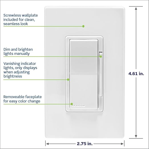 Leviton Decora Smart Dimmer Switch, Wi-Fi 2nd Gen, Neutral Wire Required, Works with Matter, My Leviton, Alexa, Google Assistant, Apple Home/Siri & Wired or Wire-Free 3-Way, D26HD-1RW, White