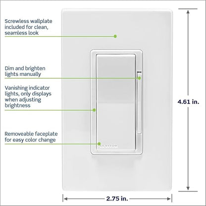 Leviton Decora Smart Dimmer Switch, Wi-Fi 2nd Gen, Neutral Wire Required, Works with Matter, My Leviton, Alexa, Google Assistant, Apple Home/Siri & Wired or Wire-Free 3-Way, D26HD-1RW, White