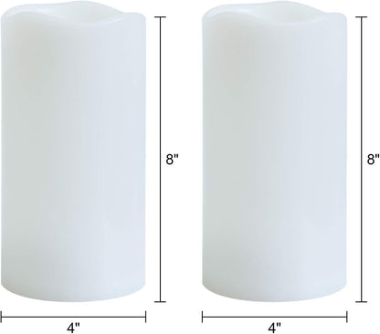 GenSwin Waterproof Outdoor Flameless Candles with Remote Timer, Battery Operated Large Flickering LED Pillar Candles for Indoor Outdoor Lanterns, Won’t Melt, Long-Lasting(White, Set of 2, 8” x 4”)