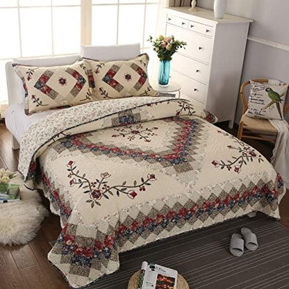 Floral Patchwork Quilt Set Queen Size Authentic Embroidered Stitching Bedspread Coverlet 100% Cotton Beige French Country Reversible Bed Cover Set Soft Breathable Cotton Comforter Cover,3pcs