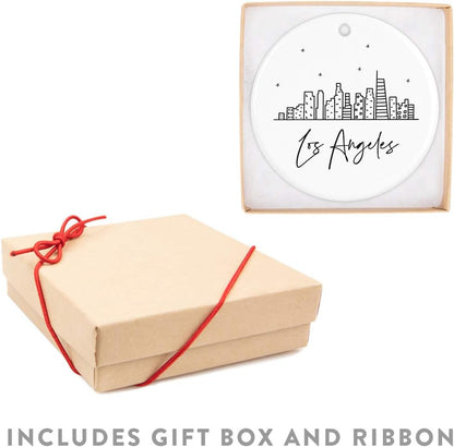 Andaz Press Round Ceramic Porcelain Christmas Tree Ornament Keepsake Gift, Los Angeles, Black and White Stars City Skyline Graphic, 1-Pack, Birthday Ideas Family Coworker Him Her, Includes Gift Box