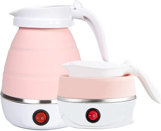 Travel Kettle Electric Small Foldable Portable Kettle,Silicone Collapsible Heating Water Boiler Tea Pot for Camping,Easy for Storage with Separable Power Cord (Pink)