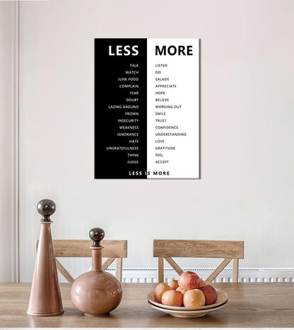 Less is More Motivational Print Wall Art for Office Black and White Inspirational Poster Inspiring Picture Painting Modern Artwork for Home Bedroom Living Room Office Decor Frame[18''W X 24''H]