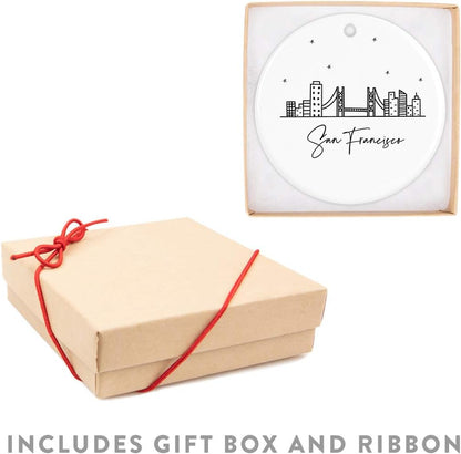 Andaz Press Round Ceramic Porcelain Christmas Tree Ornament Keepsake, San Francisco, Black and White Stars City Skyline Graphic, 1-Pack, Birthday Gift Ideas Family Coworker, Includes Gift Box