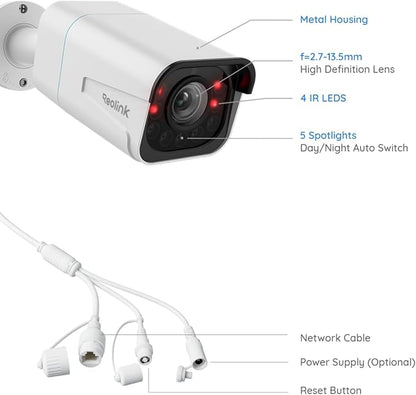 REOLINK RLC-811A PoE IP Wired Security Camera 4K - 123° FoV, 5X Optical Zoom for Outdoor Usage, Color Night Vision, Human/Vehicle/Pet Smart Detection, 2 Way Talk, Up to 512GB microSD Card