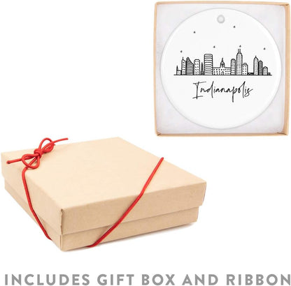 Andaz Press Round Ceramic Porcelain Christmas Tree Ornament Keepsake Gift, Indianapolis, Black and White Stars City Skyline Graphic, 1-Pack, Birthday Ideas Family Coworker Him Her, Includes Gift Box