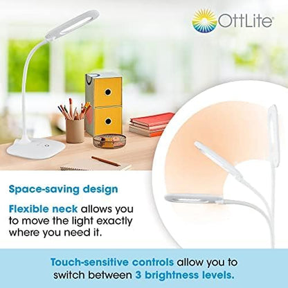 OttLite ClearSun LED Soft Touch Desk Lamp - 3 Brightness Settings - Energy Efficient Natural Daylight LEDs - Adjustable Flexible Neck & Touch Controls for Home Office, Computer Desk, & Dorms