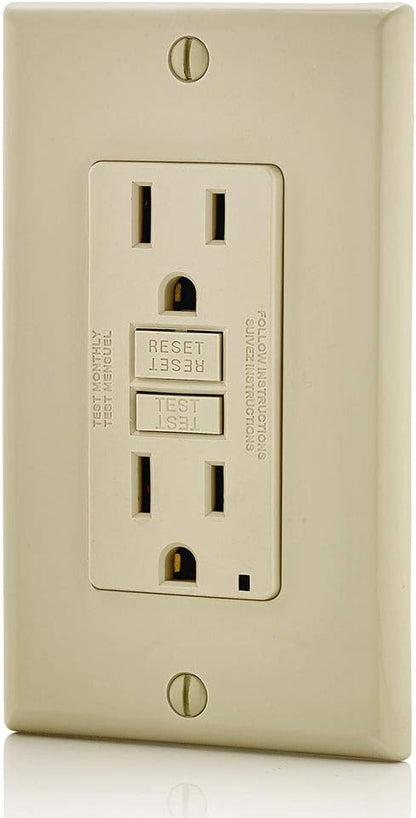 Leviton GFCI Outlet, 15 Amp, Self Test, Non Tamper-Resistant with LED Indicator Light, Protection from Electric Shock and Electrocution, GFNT1-I, Ivory
