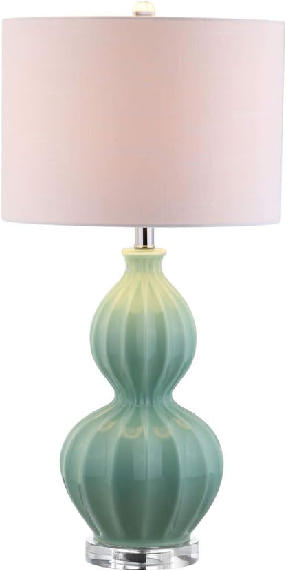 JONATHAN Y 28" Seafoam Green Fluted Ceramic Gourd LED Table Lamp, Midcentury Glam Bedside Lamp for Living Room Bedroom, White Linen Drum Shade, LED Bulb Included JYL5015A