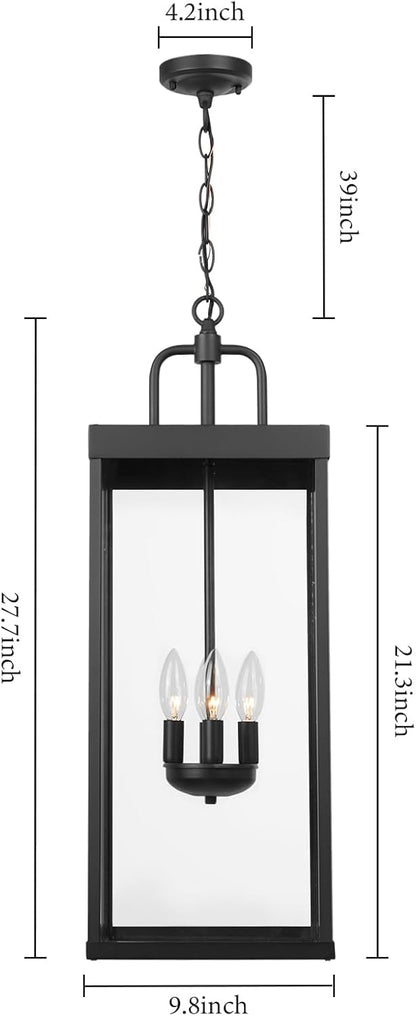 Large Outdoor Pendant Lantern Light Fixture for Front Porch, 28 Inch 4-Light Black Exterior Hanging Chandelier with Clear Glass, Outdoor Indoor Pendant Lamp for Patio, Gazebo, Entryway, Doorway