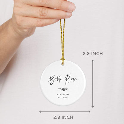 Andaz Press Personalized Round Ceramic Porcelain Christmas Tree Ornament Engagement Collectible Gift for Baby, Ava Marie Carter Baptized 03.21.20, Antique Handdrawn, 1-Pack