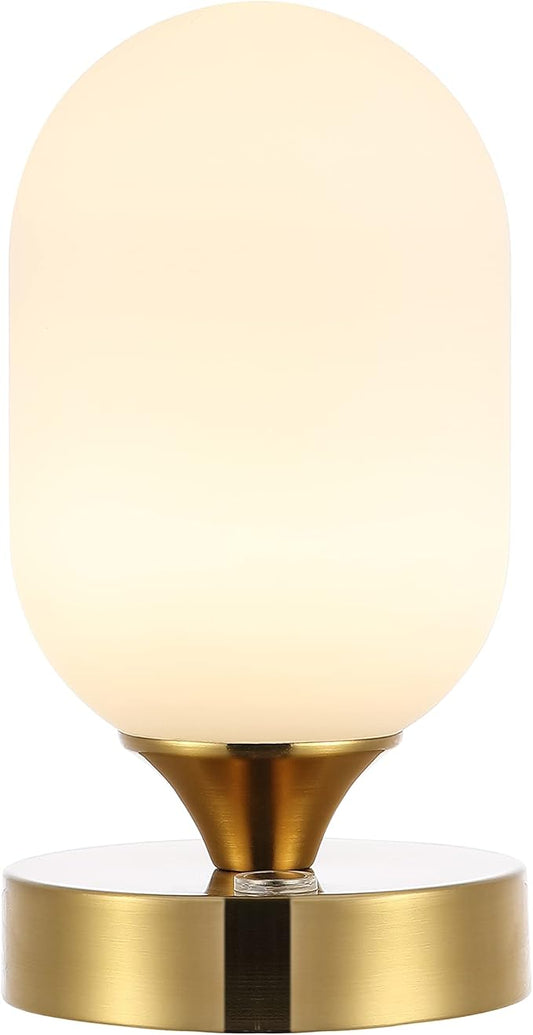 JONATHAN Y 8" Brass Gold/White Modern Rechargeable Integrated LED Table Lamp, Portable Cordless Accent Light with White Frosted Glass Shade, Dimmable Touch Sensor (JYL7111C)