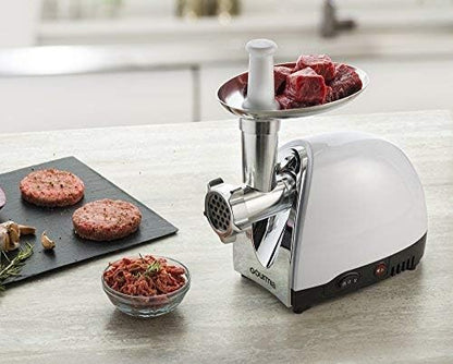 Gourmia Electric Meat Grinder – 500W Commercial Grade Meat Processor with Sausage Stuffer, 3 Stainless Steel Grind Plates Fine to Coarse, Stainless Steel