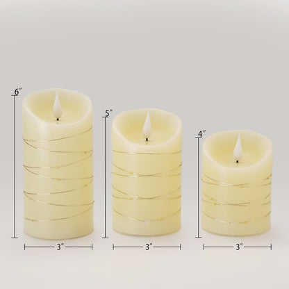 Homemory Flameless Candles with String Lights, 3 Pack Embedded Fairy String Lights LED Candles, Electric Flickering Candles with Remote Control and Timer, Real Wax, Ivory White