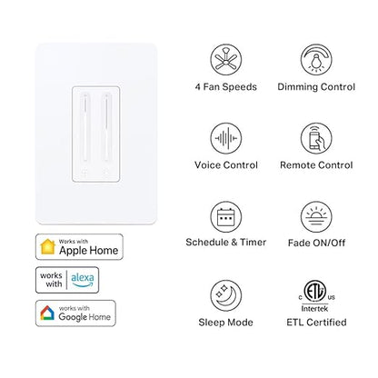 Kasa Smart Ceiling Fan Control & Dimmer Switch | Adjustable 4-Speed Fan & Brightness Control | Works w/Apple HomeKit, Alexa & Google Home | 2.4G Wi-Fi Only, Single Pole, Neutral Wire Required | KS240