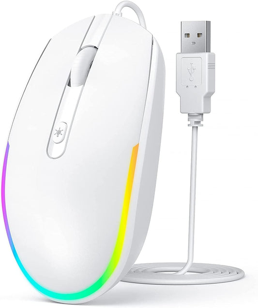 Seenda Wired RGB Backlit Optical LED Mouse - USB Cord for Laptops, Notebooks, Chromebook (White)