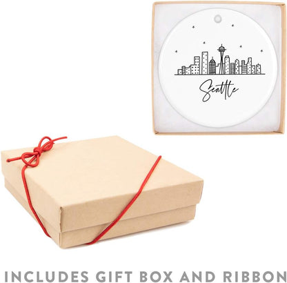 Andaz Press Round Ceramic Porcelain Christmas Tree Ornament Keepsake, Seattle Black and White Stars City Skyline Graphic, 1-Pack, Birthday Gift Ideas Family Coworker Him Her, Includes Gift Box