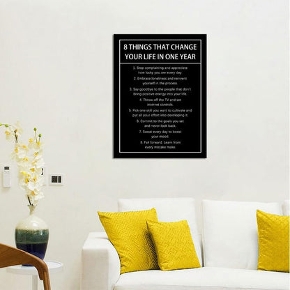 8 Things That Change Your Life In One Year Motivational Canvas Wall Art Inspirational Wall Decor Quotes Poster Print Artwork for Office Living Room Painting Stretched and Framed [18''Wx 24''H]