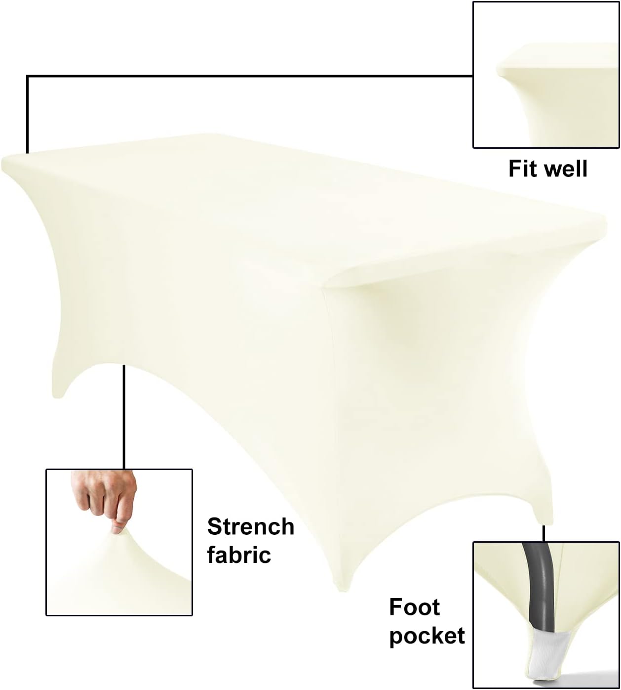 4Pack Spandex Waterproof Table Covers 6ft，Spandex 6ft Waterproof Table Cover for Party,Wedding, Banquet, and Events(Ivory)