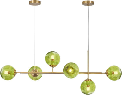KCO Lighting 6 Green Glass Pendant Lights Kitchen Island Mid Century Modern Globe Sputnik Chandelier Brushed Gold Linear Island Light Fixture for Dining Room