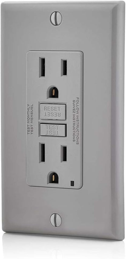 Leviton Outlet, 15 Amp, Self Test, Non Tamper-Resistant with LED Indicator Light, GFNT1-GY, Gray
