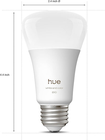Philips Hue Smart LED A19 Bulb 1-Pack, White & Color Ambiance, E26 Base, 7.2W, Full Spectrum Light 1000K-20000K, 810 Lumens, Dimmable, Works with Alexa, Google, & Apple Home