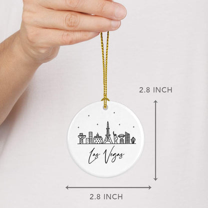 Andaz Press Round Ceramic Porcelain Christmas Tree Ornament Keepsake, Las Vegas Black and White Stars City Skyline Graphic, 1-Pack, Birthday Gift Idea for Family, Coworker, Him, Her, Includes Gift Box