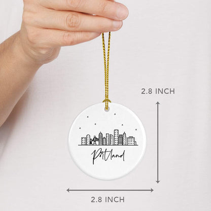 Andaz Press Round Ceramic Porcelain Christmas Tree Ornament Keepsake, Portland Black and White Stars City Skyline Graphic, 1-Pack, Birthday Gift Idea for Family, Coworker Him Her, Includes Gift Box