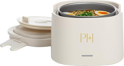 Paris Hilton Electric Lunch Warmer, 20-Ounce Stainless Steel Portable Food Container With Sealing Lid, Removable 2.5-Cup Inner Dish, Cream