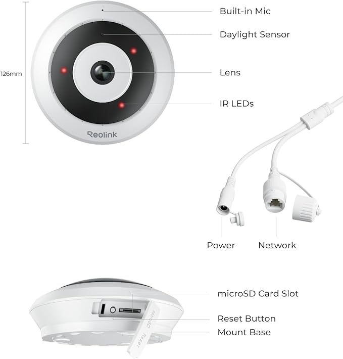 REOLINK 6MP PoE IP Fisheye Camera with 360° View, Surveillance for Home/Office Security, Smart Human Detection, Two Way Talk, Ceiling/Wall/Desk Mount, Multiple Panoramic Display Views, FE-P(White)