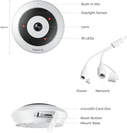 REOLINK 6MP PoE IP Fisheye Camera with 360° View, Surveillance for Home/Office Security, Smart Human Detection, Two Way Talk, Ceiling/Wall/Desk Mount, Multiple Panoramic Display Views, FE-P(White)