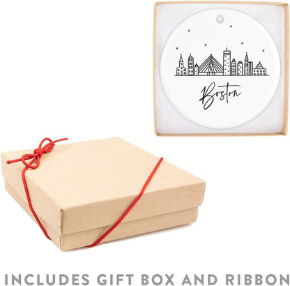 Andaz Press Round Ceramic Porcelain Christmas Tree Ornament Keepsake, Boston Black and White Stars City Skyline Graphic, 1-Pack, Birthday Gift Idea for Family, Coworker, Him, Her, Includes Gift Box