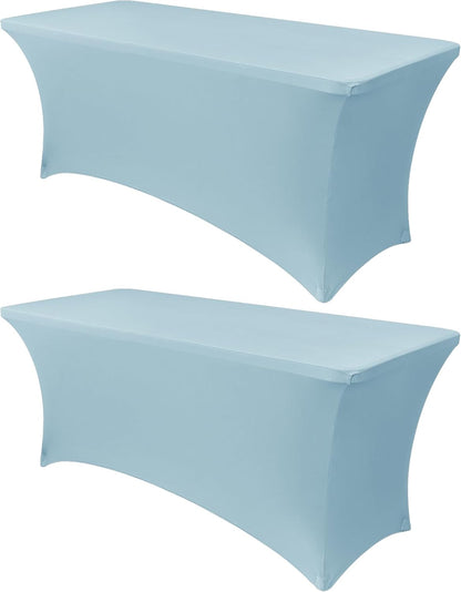 Obstal 6Ft Stretch Spandex Table Cover for Standard Folding Tables - 2 Pack Universal Rectangular Fitted Tablecloth for Party, Banquet, Events, Trade Show (Dusty Blue, 72L x 30W x 30H Inches)