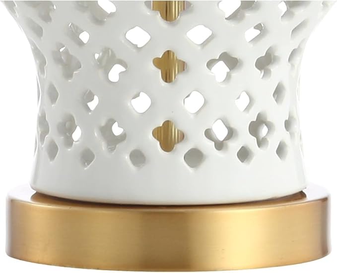 JONATHAN Y 20.5" White Pierced Ginger Jar Ceramic LED Table Lamp, Modern Glam Quatrefoil Fretwork for Living Room Bedroom, White Linen Shade, LED Bulb Included JYL6210A