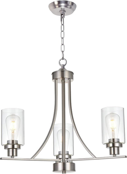 BONLICHT Contemporary Chandelier 3 Light Brushed Nickel Modern Lighting Fixtures Hanging Clear Glass Shades Pendant Light Classic Ceiling Lamp for Kitchen Dinging Room Living Room Bedroom Hallway