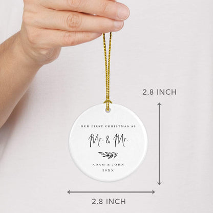 Andaz Press Personalized Gay Couple Wedding Round Ceramic Porcelain Tree Ornament Engagement Keepsake Gift, Our First Christmas As Mr. & Mr, 2024, Antique Handdrawn, 1-Pack Gay Christmas Ornaments