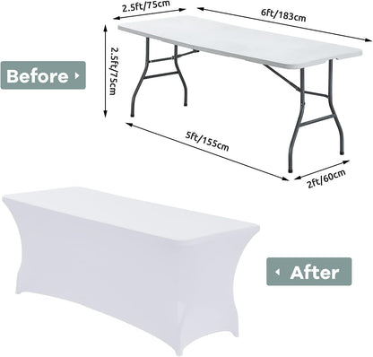 CWK 6FT Waterproof Stretch Spandex Table Cover for Rectangular Tables - Elastic Fitted Tablecloth for Folding Tables,Wrinkle Resistant Table Cloth for Parties, Weddings, Banquets & Events (White)